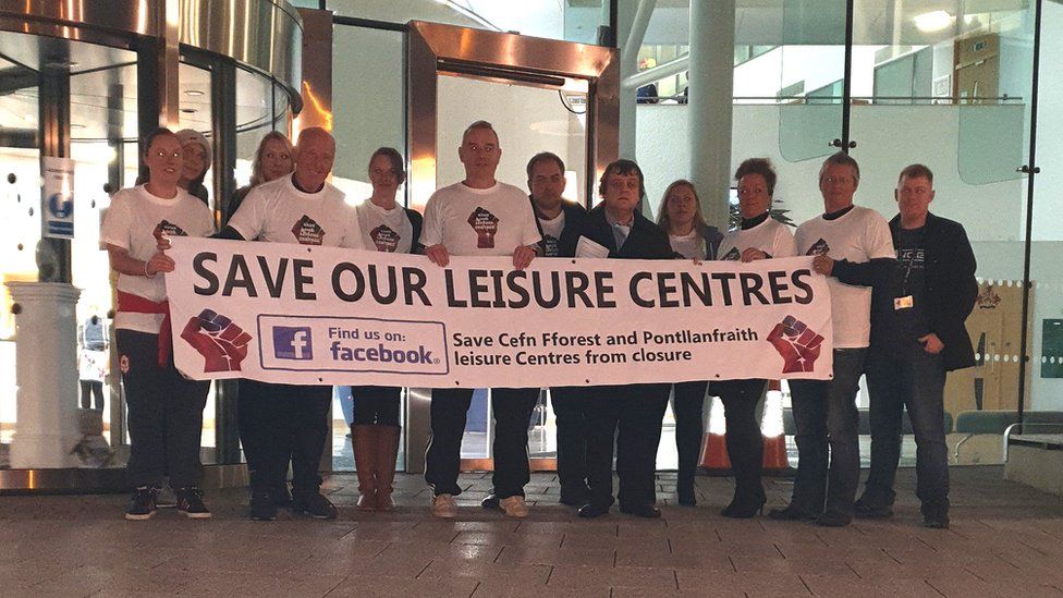Protesters against the closure of leisure centres in Caerphilly county