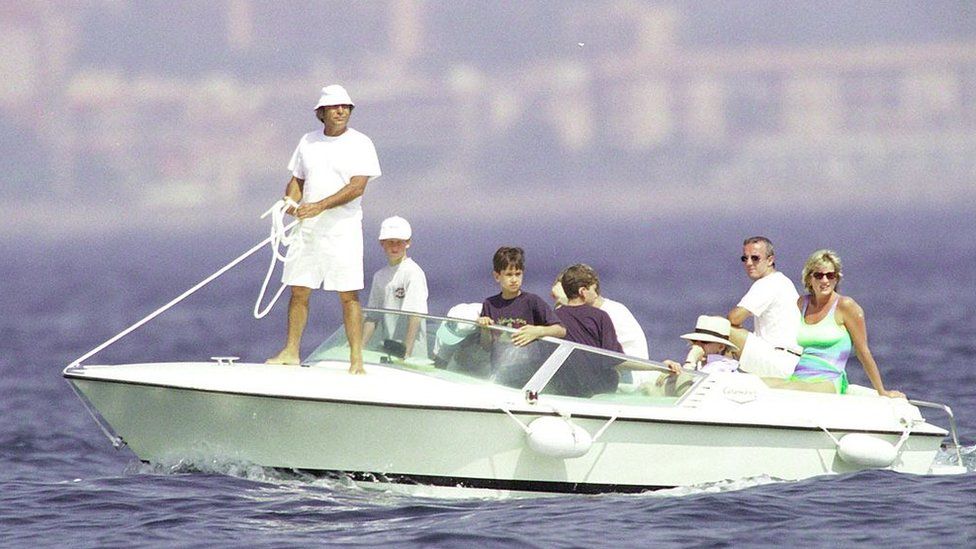 Dodi al Fayed, Prince Harry and Diana, Princess Of Wales are seen in St Tropez in the summer of 1997