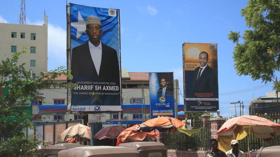 Posters of the candidates are seen through the street ahead of the Somalia's presidential election