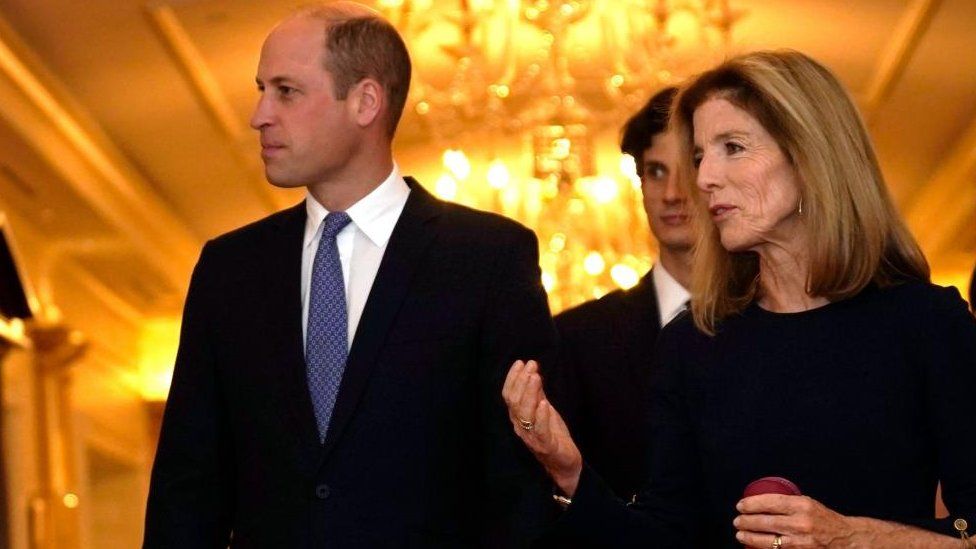 Prince William and US Ambassador to Australia Caroline Kennedy, daughter of late President Kennedy, on a tour the John F. Kennedy Presidential Library in Boston,