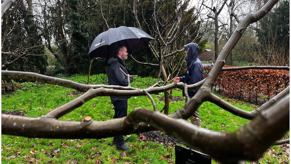 Ben Rich doing interview in wet garden