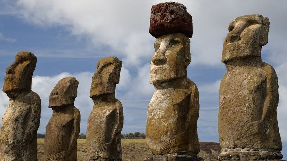 Five standing Moai on the South Coast of Rapa Nui