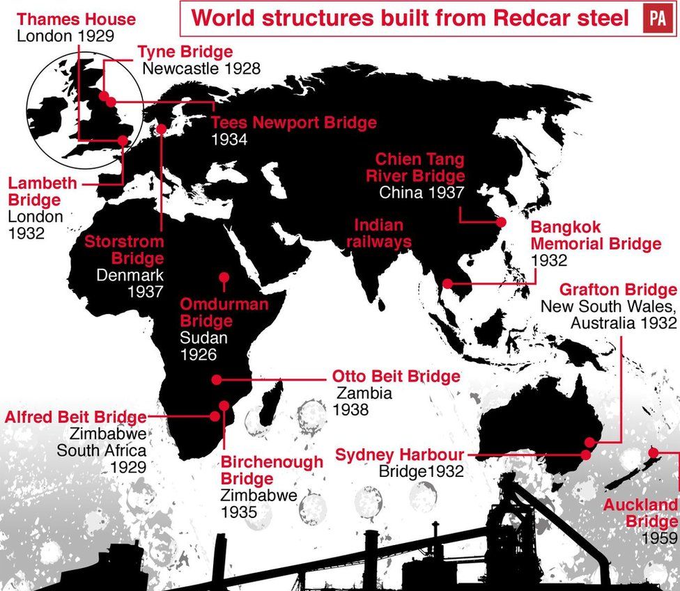 A map of the world showing some of the places Redcar steel has been used