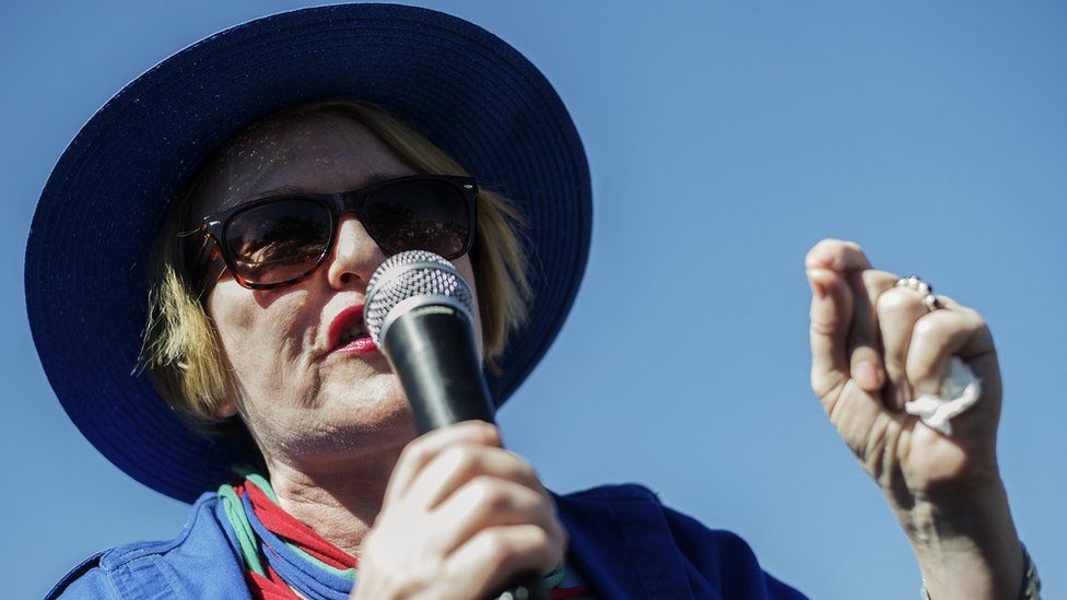 South African opposition party Democratic Alliance (DA) president Helen Zille addresses a crowd of supporters during an elections campaign rally in Johannesburg Alexandra township on 30 April, 2014.