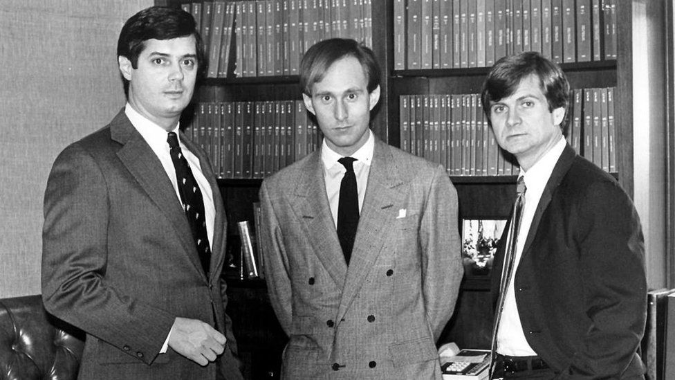 Roger, centre, pictured in 1985 with Paul Manafort, left, and Lee Atwater