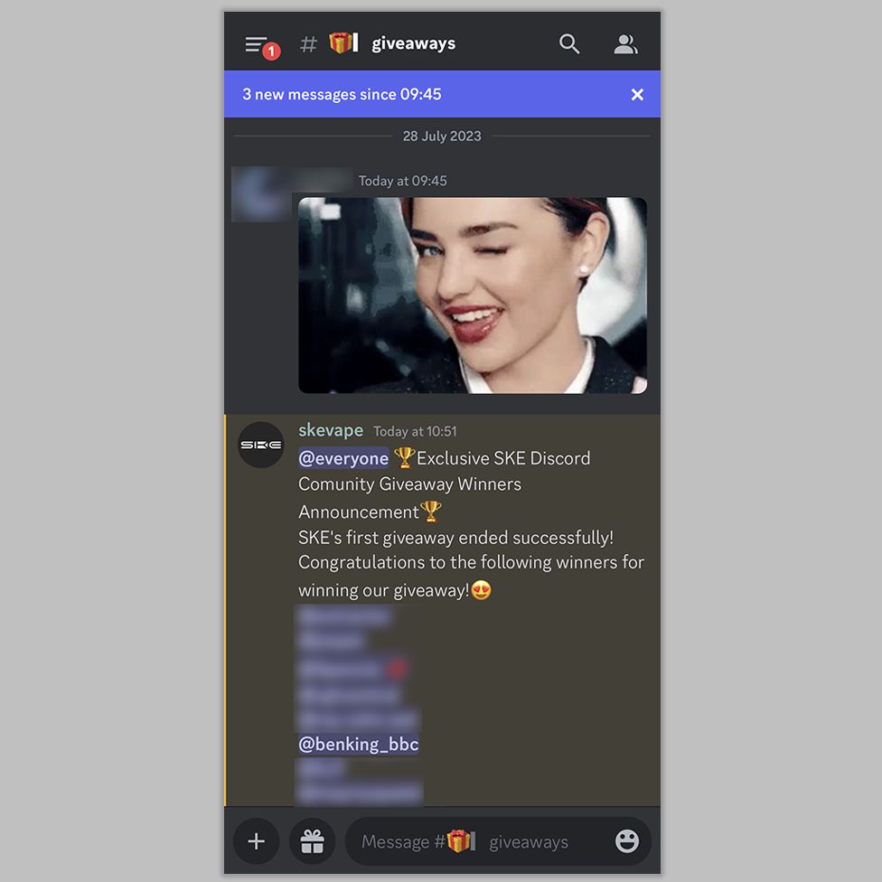 Screenshot from Discord showing BBC reporter winning competition