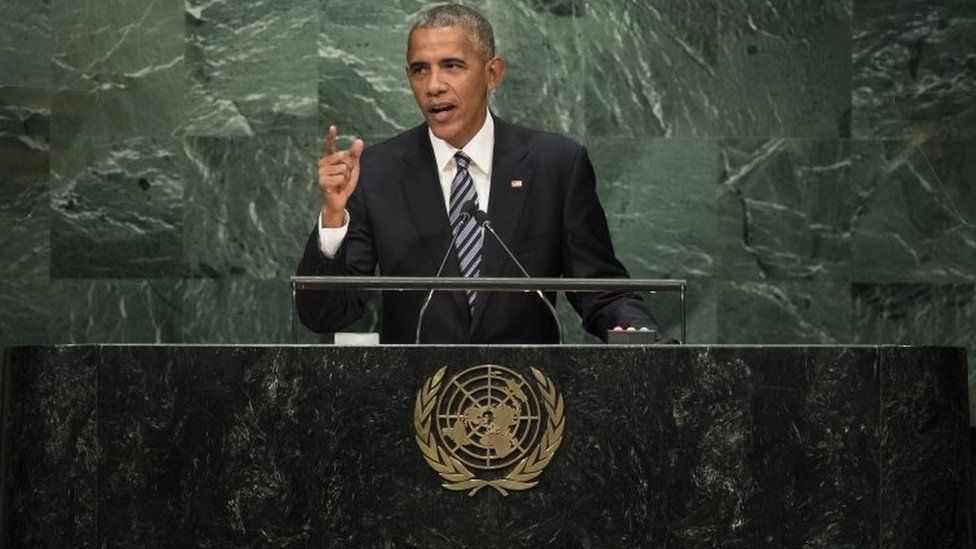 President Barack Obama addresses the United Nations General Assembly at UN headquarters in New York City.