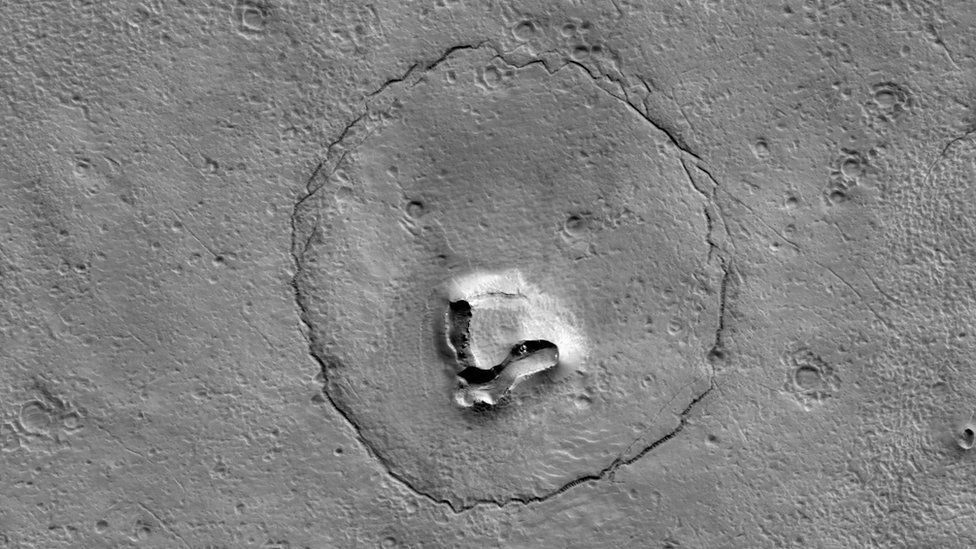 A crater resembling the face of a bear on Mars.