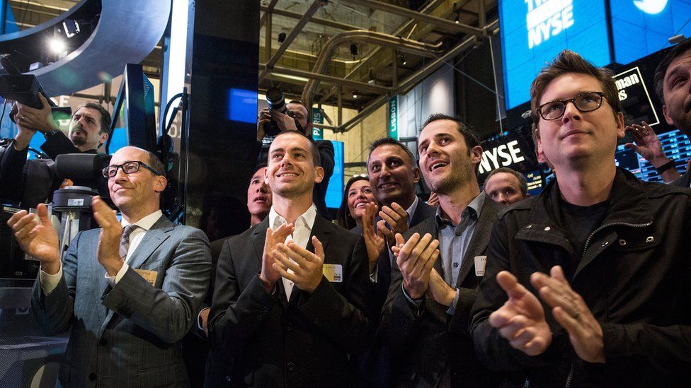 Twitter CEO Dick Costolo, Twitter co-founder Jack Dorsey, Twitter co-founder Evan Williams and Twitter co-founder Biz Stone celebrate the company's IPO on November 7, 2013