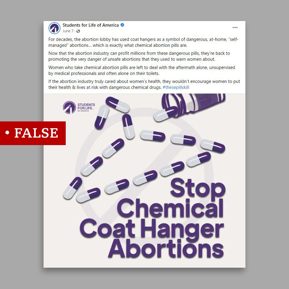Пост против абортов, ложно утверждающий, что медикаментозные аборты опасны