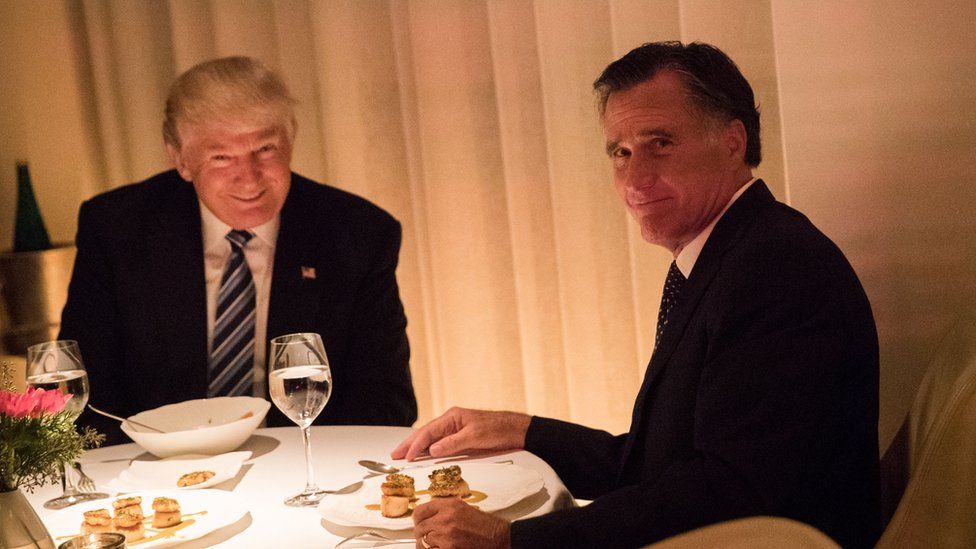 President-elect Donald Trump and Mitt Romney dine at Jean Georges restaurant in New York in 2016.