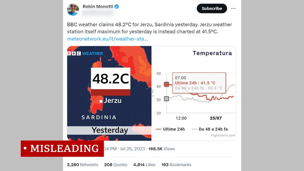 Screenshot of a tweet alleging discrepancies in the BBC's reporting of high temperatures in Europe