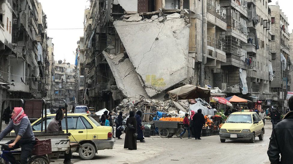 Partially ruined buildings in Aleppo