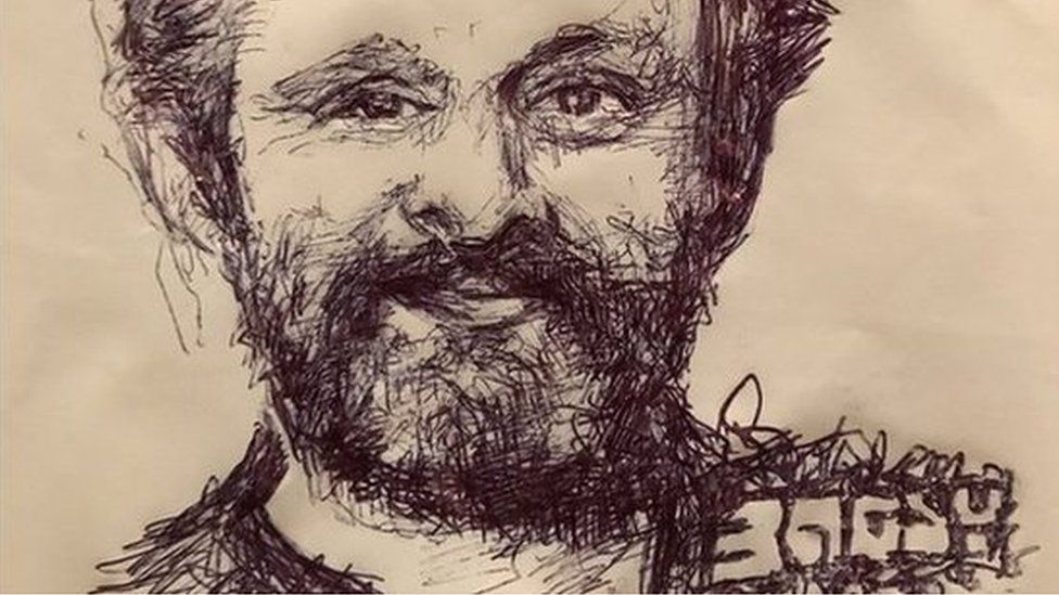 A drawing of Michael Sheen on a carrier bag