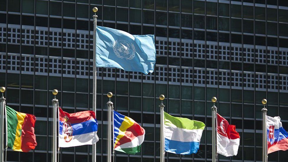 International flags fly in front of the United Nations headquarters