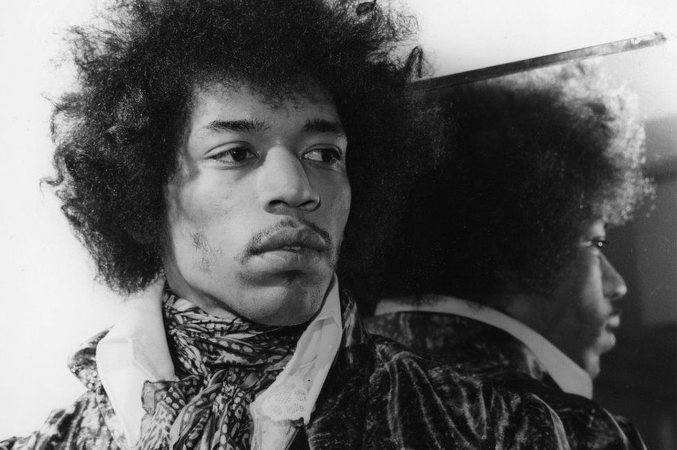 Jimi Hendrix photographed backstage at 'Top of the Pops', May 1967