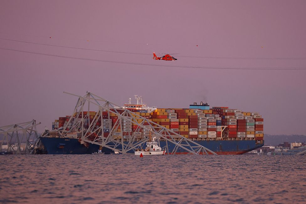 A view of the Dali cargo vessel which crashed into the Francis Scott Key Bridge causing it to collapse in Baltimore, Maryland, US, on 26 March 2024