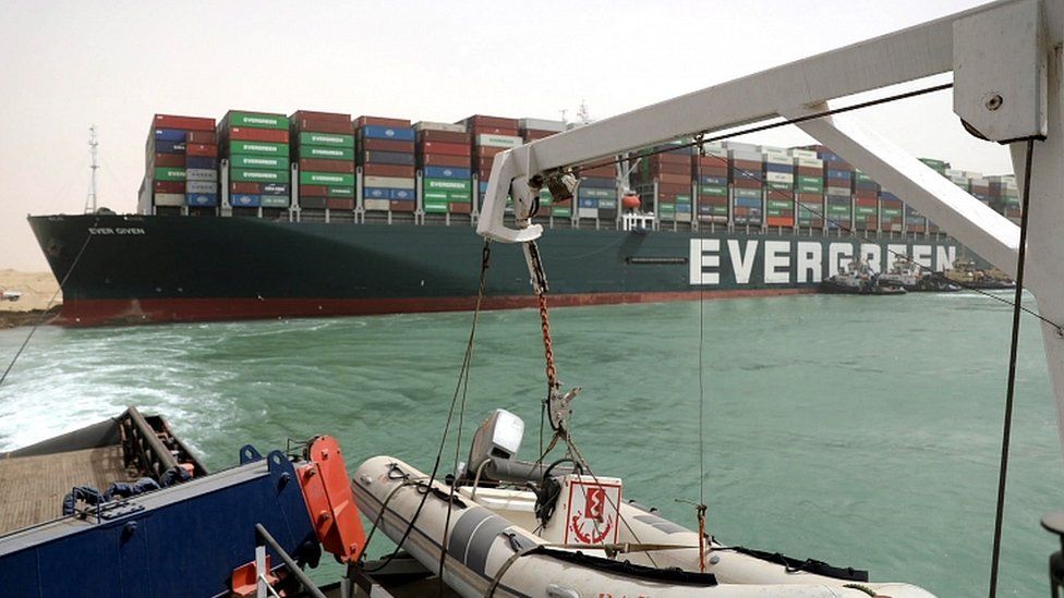 The Ever Given container ship in the Suez Canal, Egypt, 25 March 2021