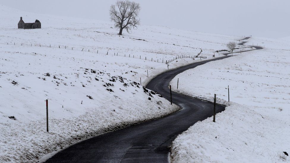 Snow covers Moulin Moor near Pitlochry as storm Darcy approaches the country, in Scotland
