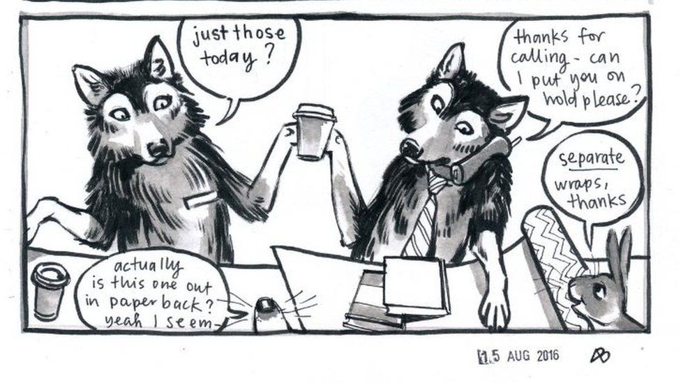 Image showing two wolves behind a counter serving two smaller creatures. One wolf is saying "Just those today?" A snout responds "Actually is this one out in paperback? Yeah I see."The other wolf, who is wearing a tie and holding a drink, is on the phone saying: "Thanks for calling - can I put you on hold please?" There is also a bunny in the picture saying, "Separate wraps, thanks."