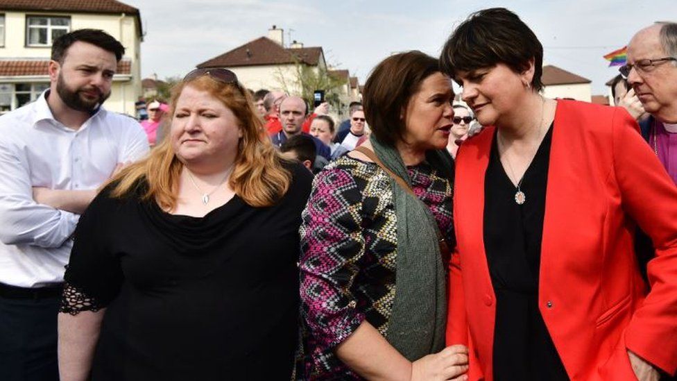 SDLP leader Colum Eastwood Alliance Party leader Naomi Long, Sinn Féin president Mary Lou McDonald and Democratic Unionist Party leader Arlene Foster at the vigil in Londonderry
