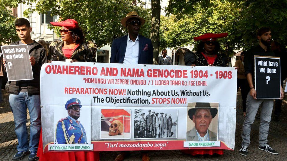 A Namibian delegation attends a ceremony for the repatriation of Namibian skulls