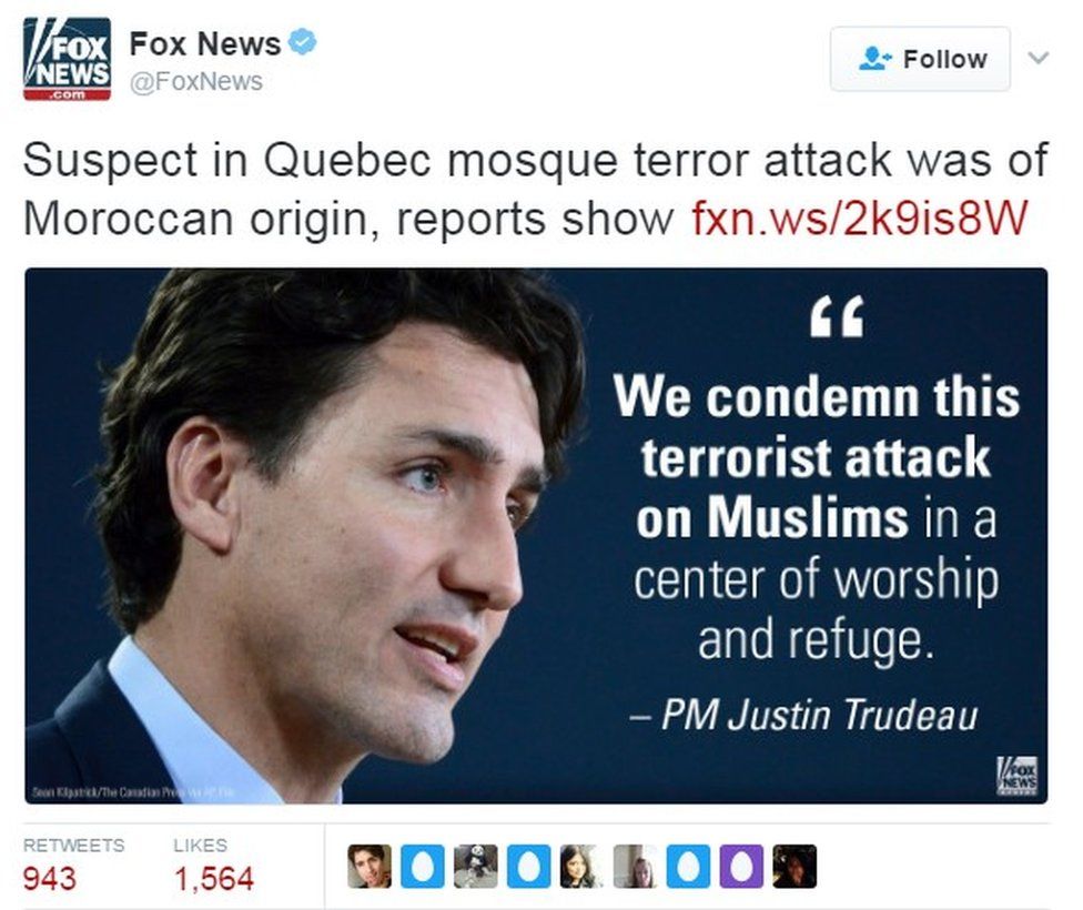 Quebec Mosque Attack Fox News Deletes Tweet After Canada Complains Bbc News