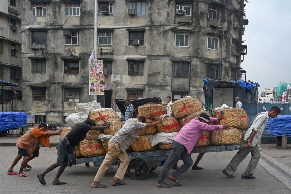 Labourers push a handcart loaded with baskets of fish from a port in Mumbai on August 30, 2022