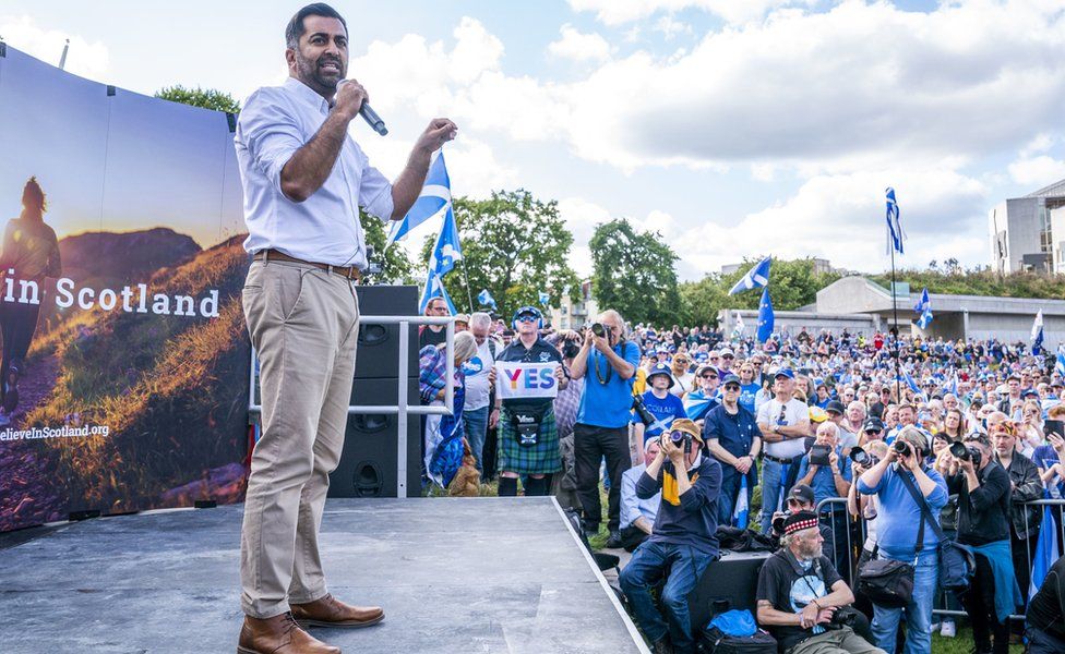 Humza Yousaf speaking at the rally outside the Scottish Parliament