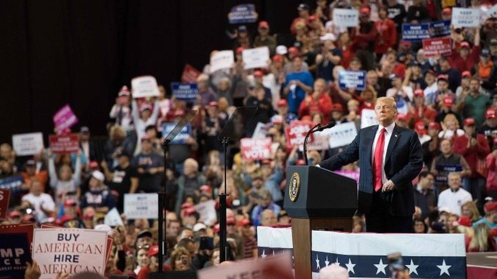 US President Donald Trump speaks at a Make America Great Again rally in Cleveland