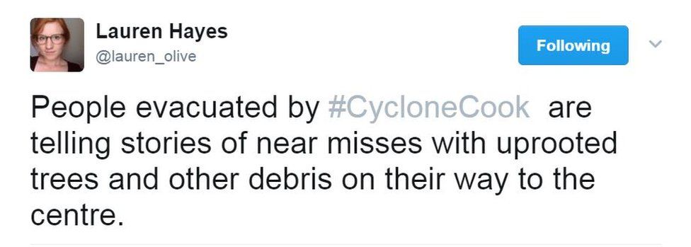People evacuated by #CycloneCook are telling stories of near misses with uprooted trees and other debris on their way to the centre. Lauren Hayes