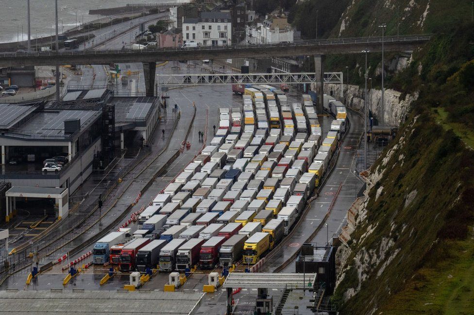 Freight lorries queue at Dover docks as ferry crossings remain cancelled on November 2, 2023 in Dover, England.