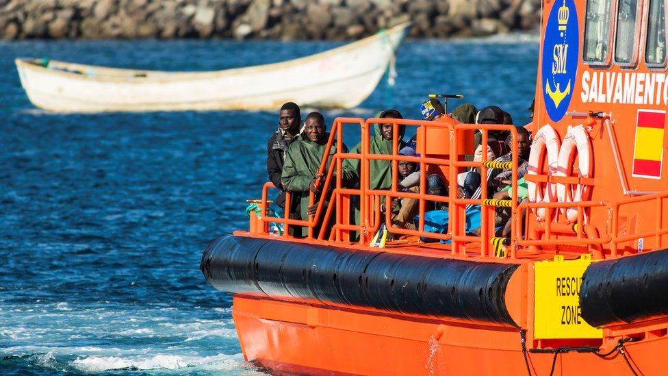 Migrants intercepted off the coast of Gran Canaria arrive aboard a Spanish maritime rescue boat at the port of Arguineguin on the island of Gran Canaria, Spain, December 29, 2019