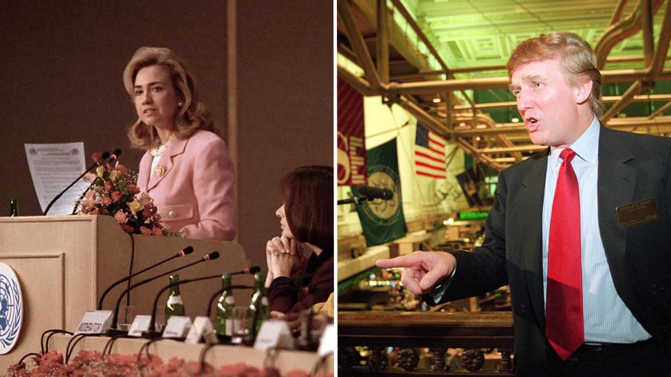 Hillary Clinton in Beijing in 1995; Donald Trump at IPO of trump plaza in 1995