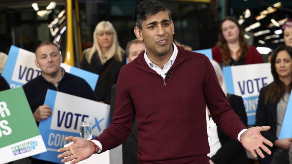 Prime Minister Rishi Sunak during a local elections campaign launch at a bus depot in Heanor, Derbyshire.