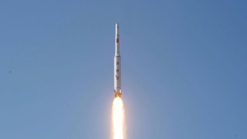A North Korean long-range rocket is launched into the air at the Sohae rocket launch site in this undated photo released by North Korea's Korean Central News Agency (KCNA) in Pyongyang, 7 February 2016