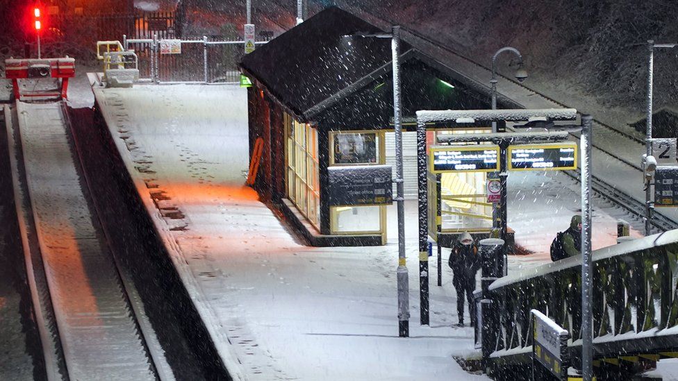 Snow at train station