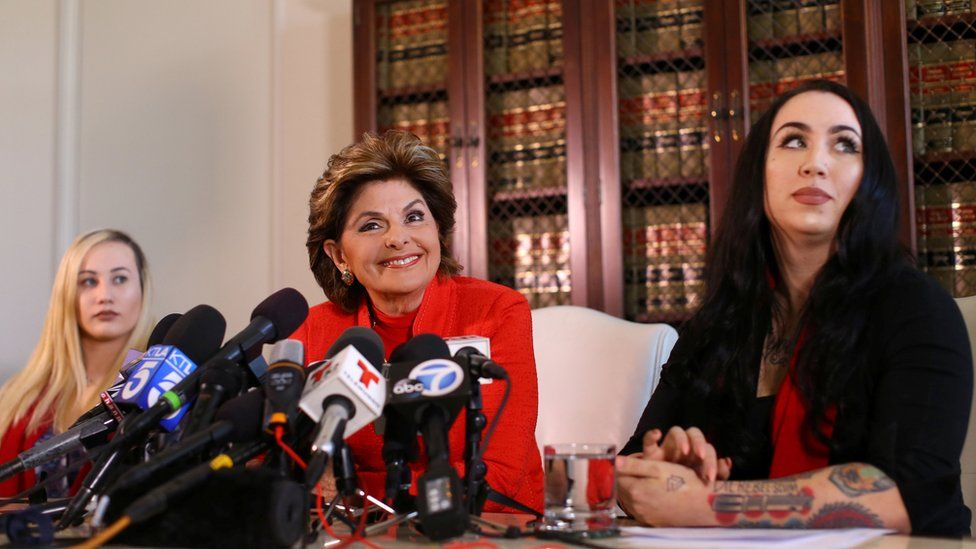 Attorney Gloria Allred represents two female United States Marines, active duty Marine Marisa Woytek (L) and former Marine Erika Butner (R) during a press conference concerning their personal photographs being posted without their consent to a "Marine Unit" Facebook page in Los Angeles, California, U.S., March 8, 2017.