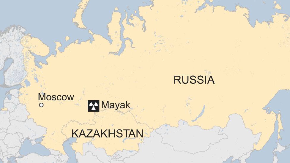 Map highlighting Russia and Kazakhstan, with location of the Mayak nuclear facility