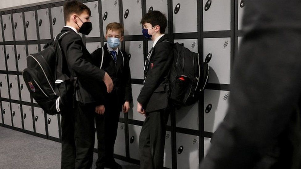 Boys socialise in mask at Fulham Boys School, London