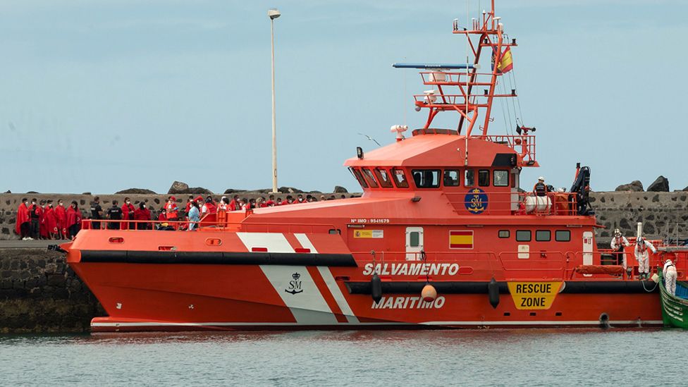 A group of 51 migrants arrive to Arrecife port after they were rescued from a boat at sea, in Lanzarote, Canary Islands