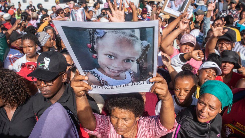 A huge crowd protest outside court during the Joslin Smith disappearance case at Vredenburg Magistrate's Court on March 07, 2024 in Vredenburg, South Africa