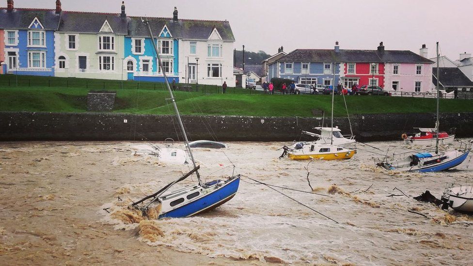 Boats in Aberaeron harbour were dislodged during the storm