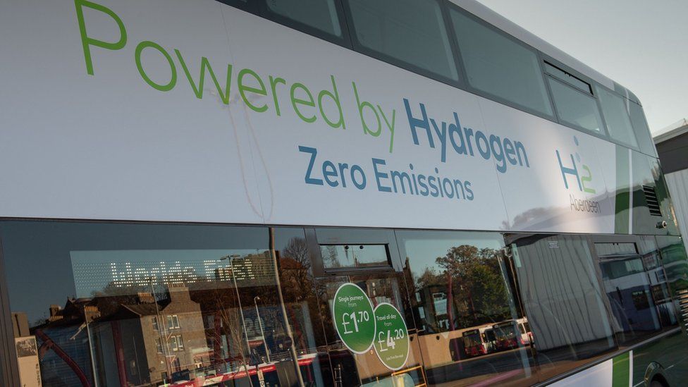 A world first hydrogen powered, zero emission double-decker bus is pictured in Ellon in Aberdeenshire, Scotland on November 5, 2020. - Scotland is the first country in the world to introduce hydrogen powered double-decker buses. The project is a joint venture between transport provider First Group and the Aberdeen City Council.