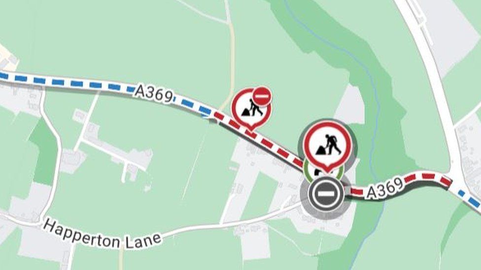 A map showing a planned road closure for the A369 Martcombe Road