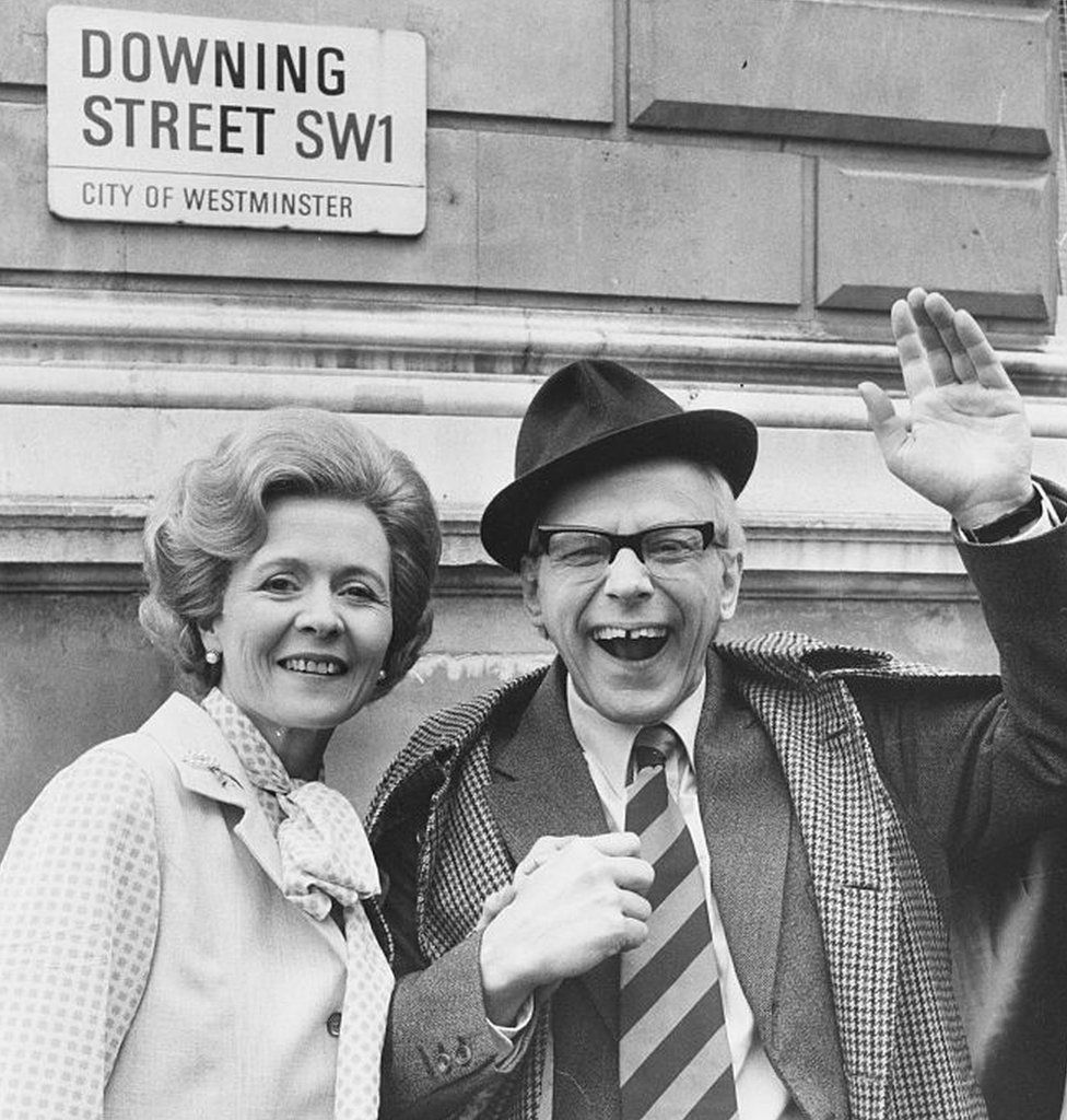Thorne and John Wells pictured outside 10 Downing Street, promoting their play Anyone for Denis?