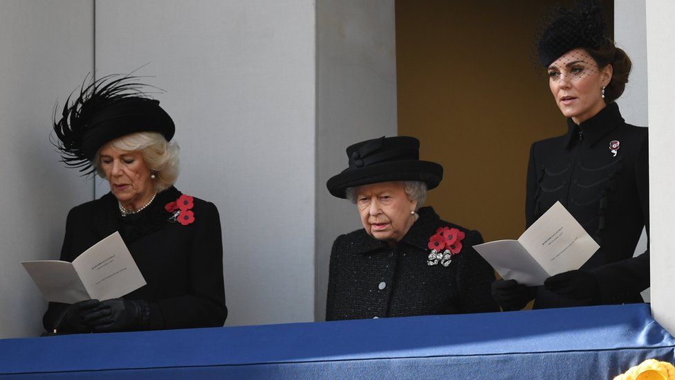The Duchess of Cornwall, the Queen and Duchess of Cambridge at the Remembrance Sunday service in 2019