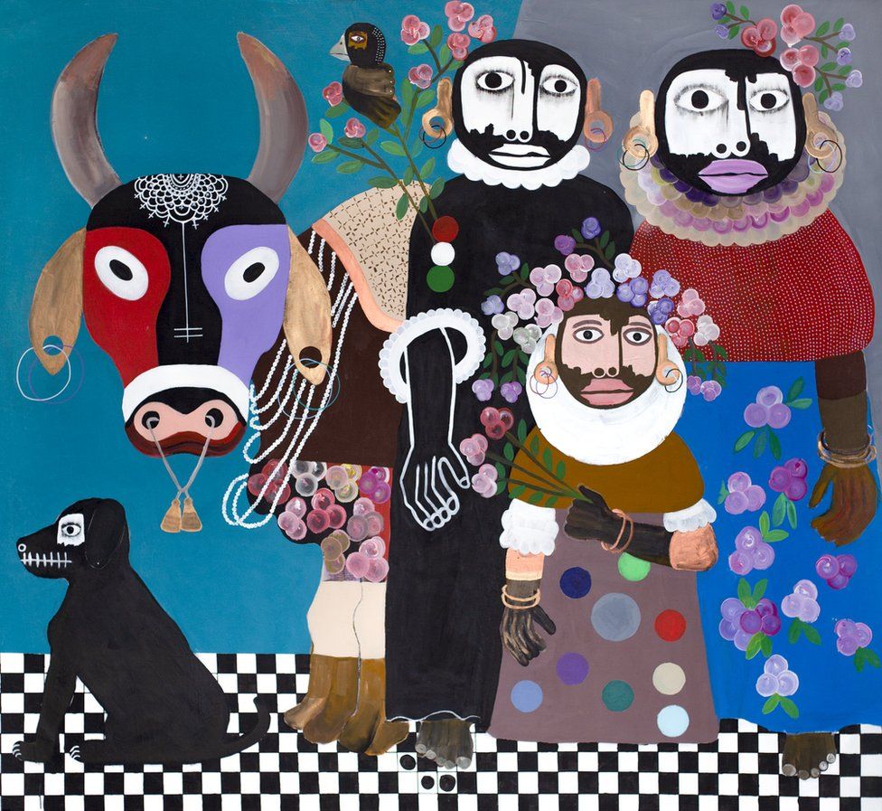 A figurative painting of people with a cow, dog and bird