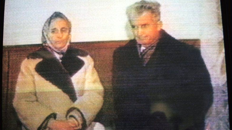 Elena and Nicolae Ceausescu during their summary trial (TV grab taken on 25 December 1989)