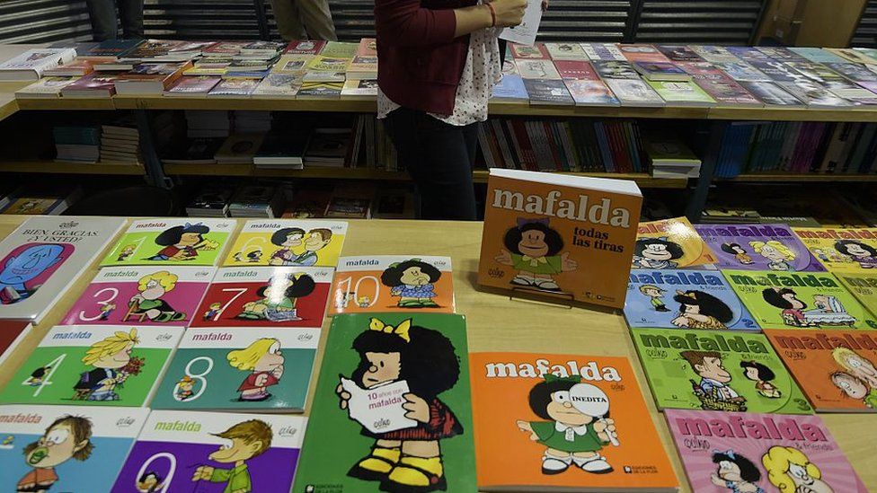 Books of Argentine comic strip "Mafalda" are displayed during the opening day of the 41th edition of the Buenos Aires International Book Fair, on April 23, 2015.